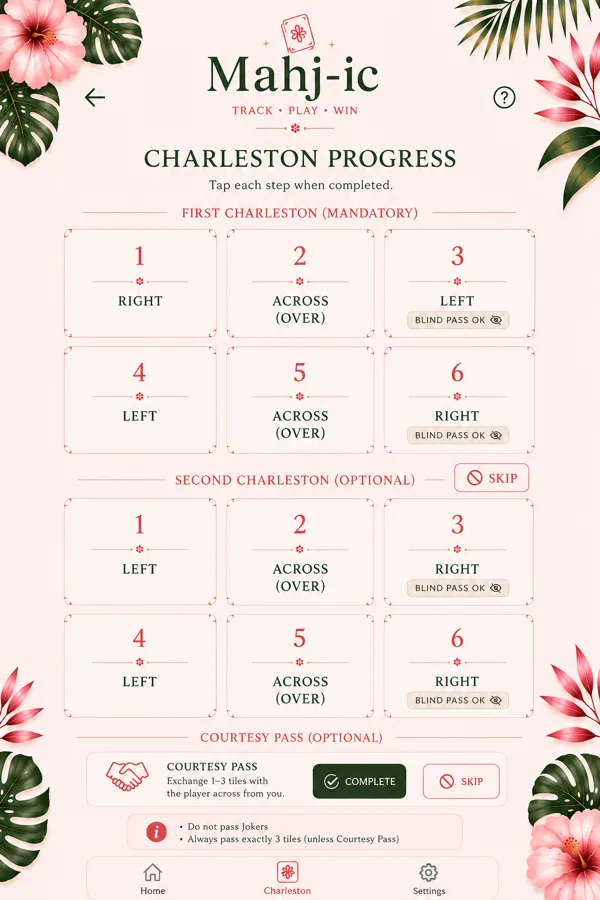 Mahj-ic Charleston progress screen with First and Second Charleston steps and Courtesy Pass
