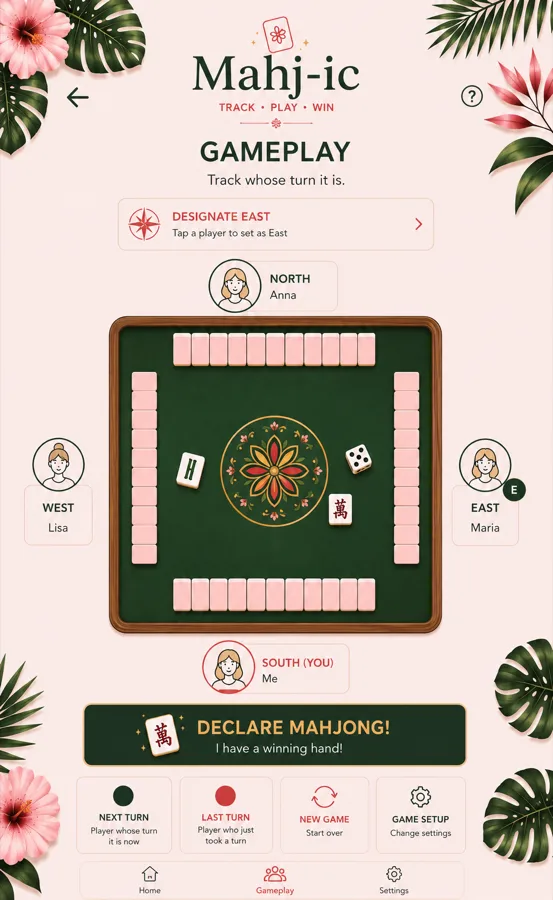Mahj-ic gameplay screen showing a square Mah Jongg table with four players and a Declare Mahjong button