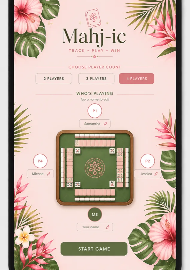 Mahj-ic game setup screen with a four-player table and editable player names